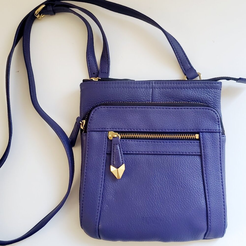 PERLINA NY Leather Crossbody Shoulder Bag Indigo Purple Pebbled Texture Lining